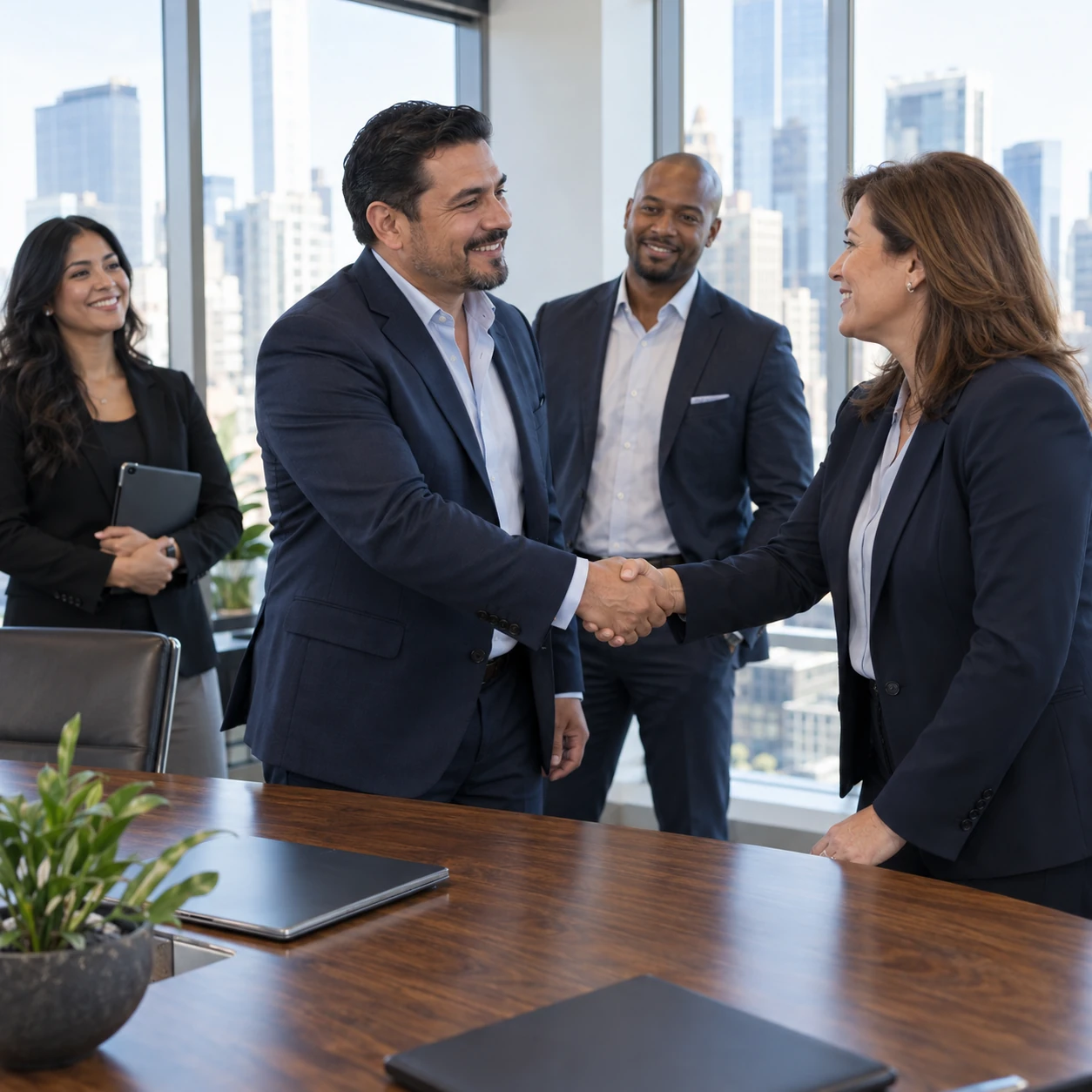 A business owner welcomed by an advisor with a handshake.