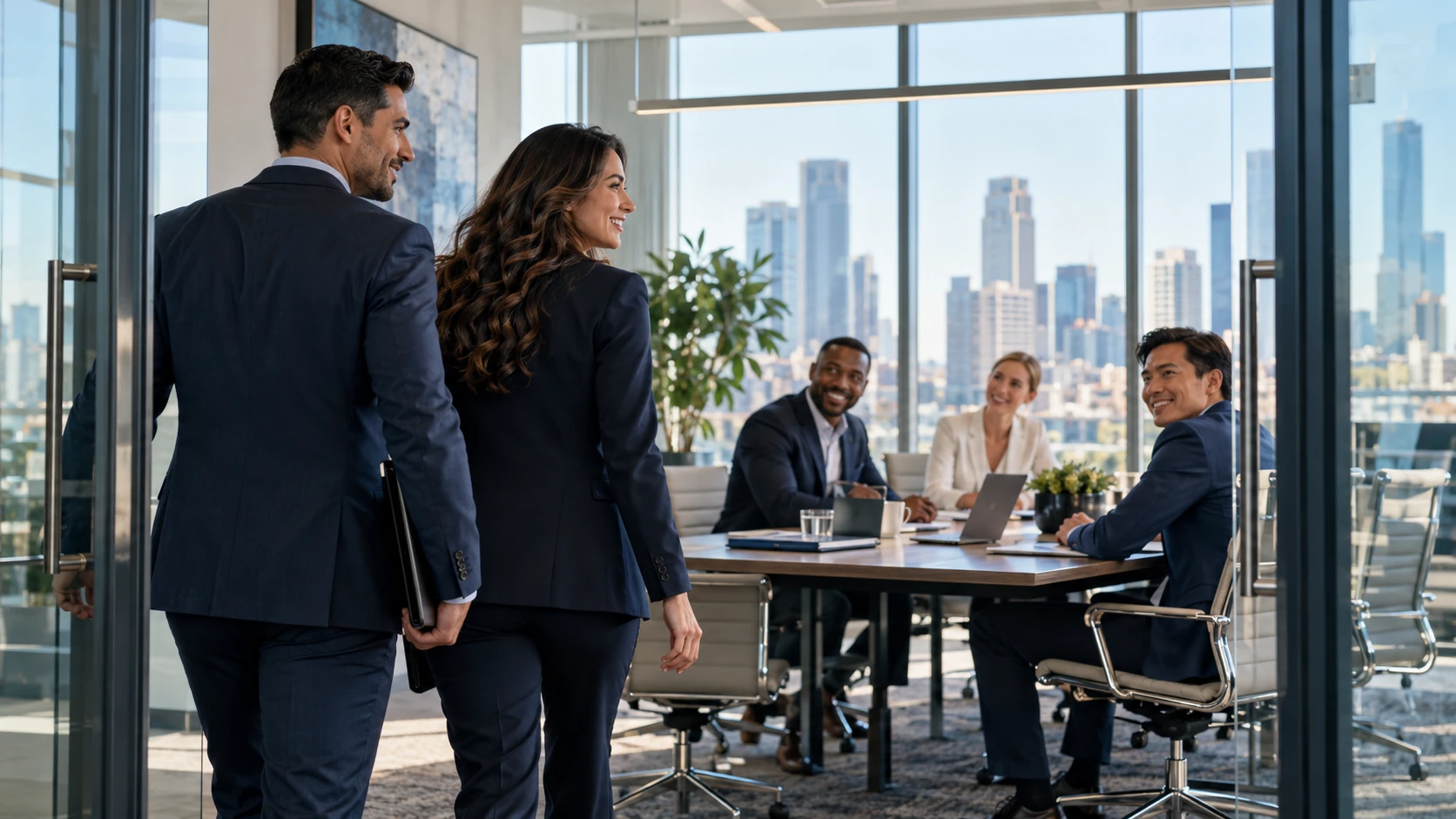 Business leaders entering a bright boardroom to meet their team.